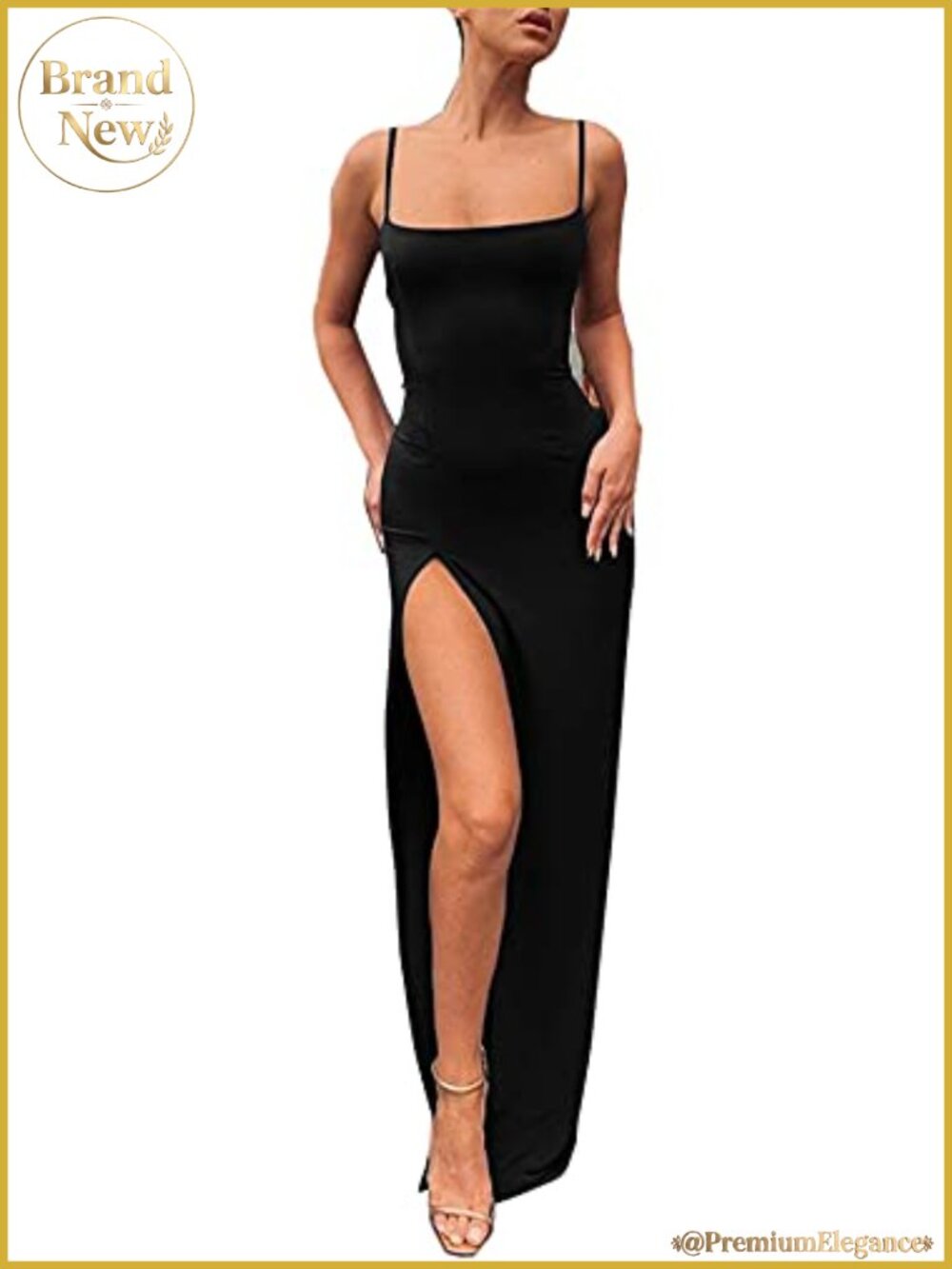 PRIMODA Spaghetti Strap Bodycon Maxi Dress Thigh High Slit Formal
